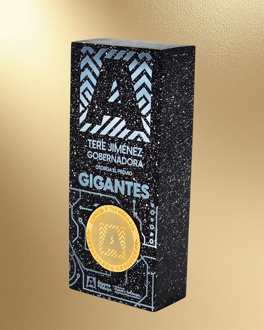 Institutional resin award with gold coin made by Alpuerta