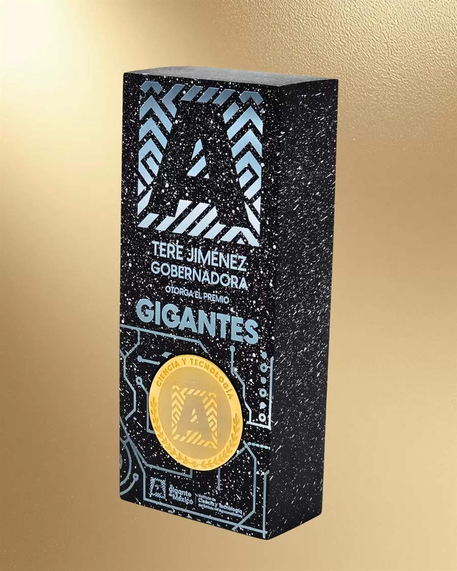 Premio institucional de resina con moneda dorada fabricado por Alpuerta