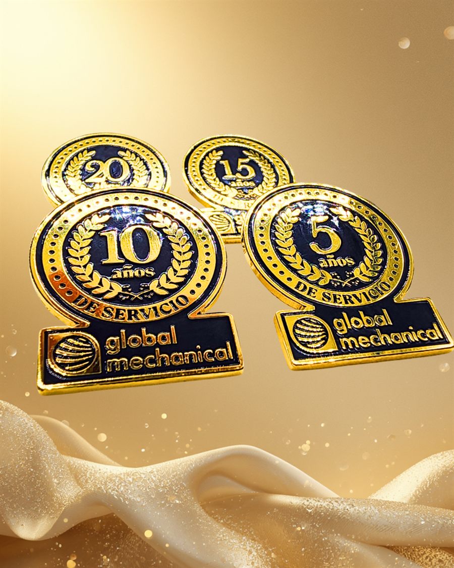Years of service pins for 5, 10, 15 and 20 years made by Alpuerta